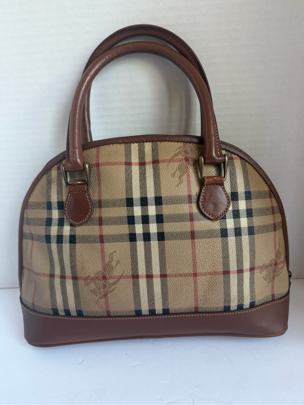 Burberry Beige Plaid Dome Satchel with Brown Leather Trim - Picture 2 of 13